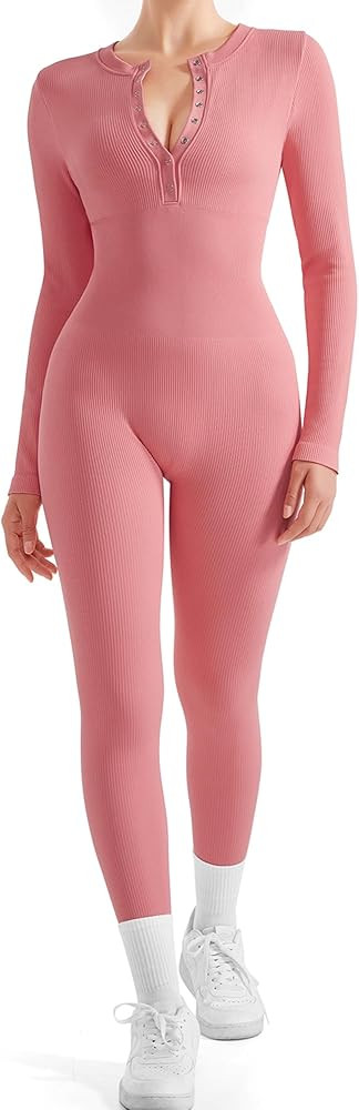 SUUKSESS Women Long Sleeve Ribbed Workout Jumpsuit One Piece V Neck Button Down Yoga Jumpsuits | Amazon (US)
