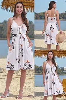 VOTEPRETTY Women's Floral White V Neck Tie Front Spaghetti Strap Dresses with Pockets | Amazon (US)