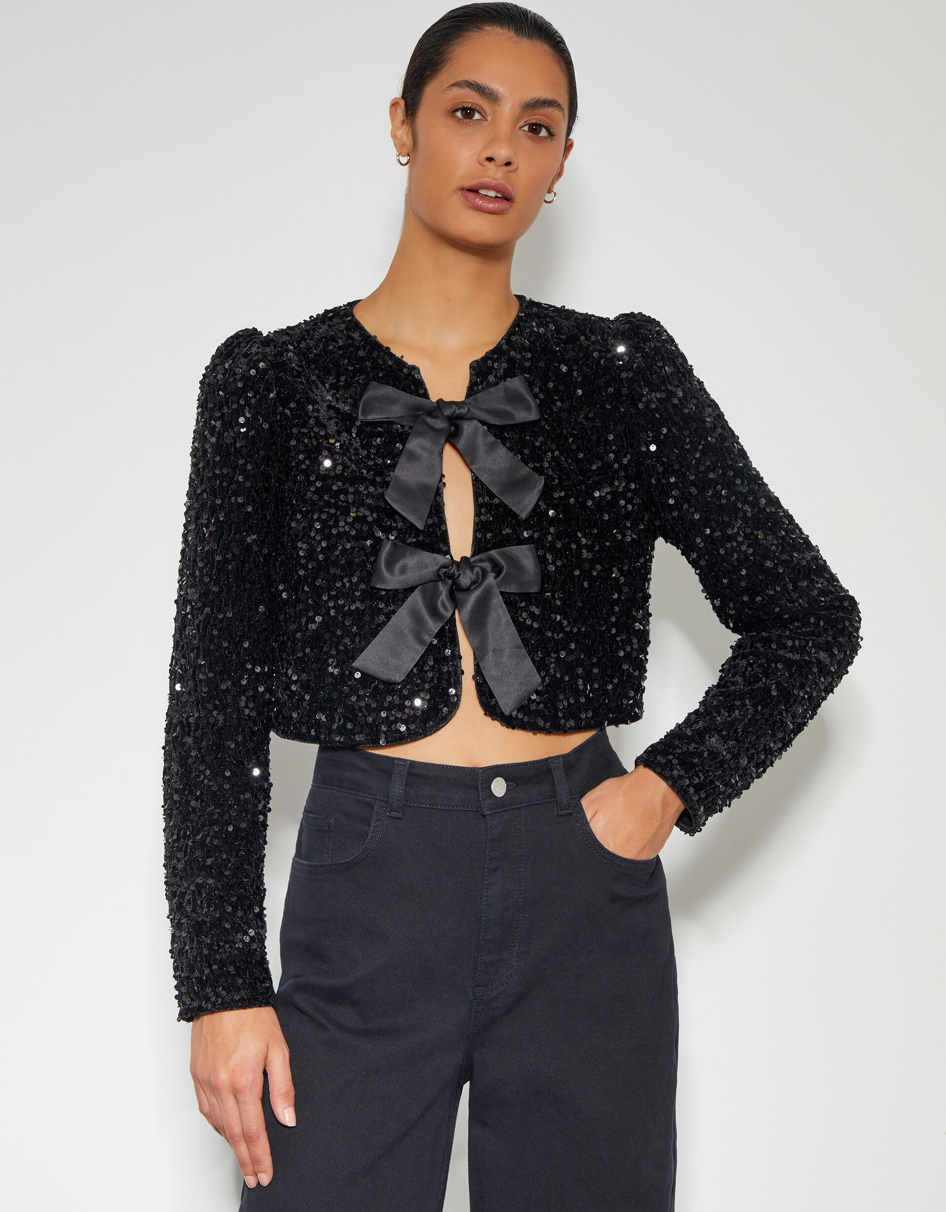 Belinda Bow Sequin Jacket Black | Monsoon (UK)