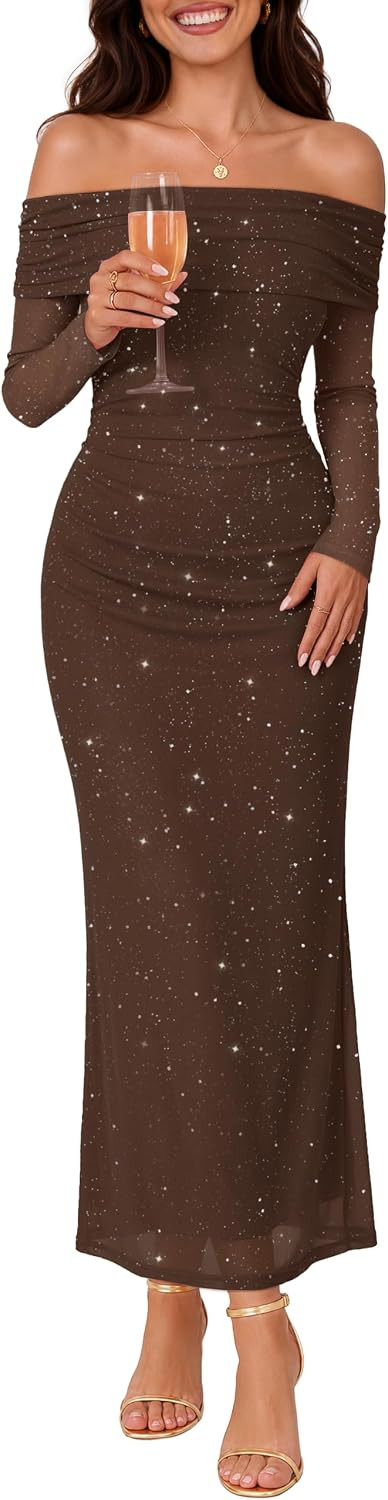 MEROKEETY Womens Fall Sparkly Off Shoulder Long Sleeve Mesh Cocktail Dress | Amazon (US)