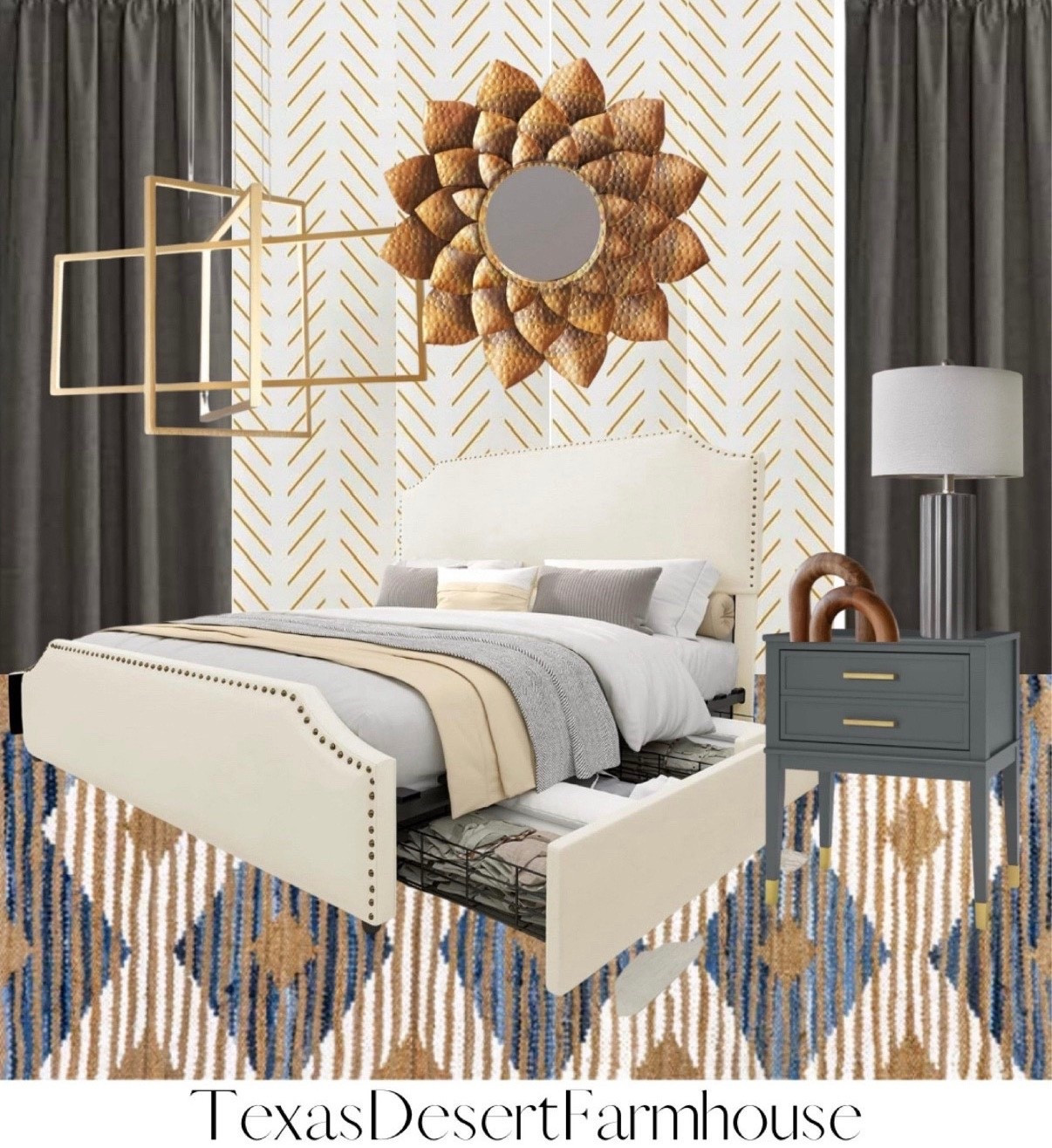 Gray & Gold Bedroom Decor

AMERLIFE Queen Size Bed Frame with 4 Storage Drawers and Headboard, Queen Velvet Upholstered Platform Bed with Rivet Curved Adjustable Headboard/Strong Wooden Slats/Easy Assembly/Cream

Off White Hand Braided Denim And Jute Striped Diamonds 8' 6" x 11' 6" Area Rug

Westerleigh 1-Drawer Nightstand

Oneach 25'' Farmhouse Ceramic Table Lamp Set of 2 for Bedroom Living Room House Decor Deep Charcoal Grey Desk Lamps Home Office Dorm Rustic Modern Style Lamp

Peakoly Wood Arch Bookshelf Decor - Shelf Decor Accents, Coffee Table Decor Items, Modern Home Decor, Entryway Decor, Decorative Objects, Coffee Table Decorations Living Room, Desk Decor Aesthetic

Vollmer Dimmable LED Square / Rectangle Chandelier 3-light

StangH 100% Blackout Grey Linen Curtains for Bedroom, Back Tab Burlap Textured Window Treatment Privacy Noise Reducing Panels for Living Room, Charcoal Grey, W52xL84, 2 Panels

Orainege Yellow and White Peel and Stick Wallpaper Yellow Contact Paper 17.7inchx196.8inch Herringbone Geometric Wall Paper Peel and Stick Modern Lines Decorative Self Adhesive Wallpaper for Bedroom

Tov Furniture Leaf Antique Gold Metal Wall Mirror

#bedroomdecor #arearug #diamondrug #graycurtains #graynightstand #goldchandelier #bedframe #upholsteredbedframe #upholsteredbed #graytablelamp #tablelamp #mirrorart #decorativemirror #tabledecor

#LTKstyletip #LTKhome #LTKfamily

#LTKGiftGuide 

#LTKHome #LTKmomlife #LTKmorningroutine