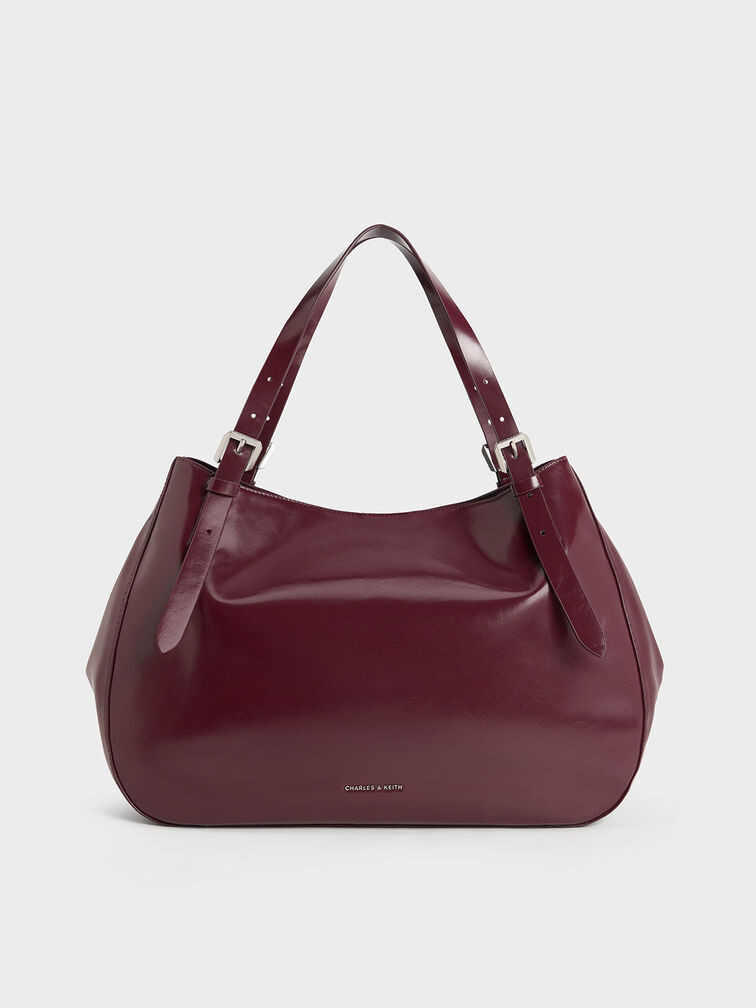 Buckle-Strap Slouchy Tote Bag - Burgundy | Charles & Keith US