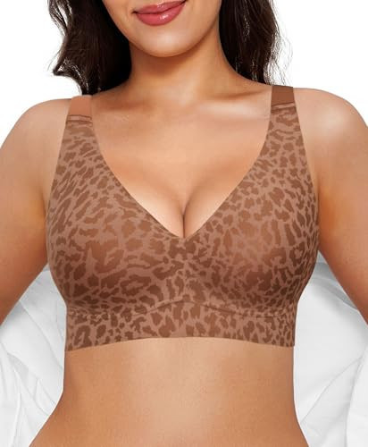 Popilush Wireless Bras for Women Comfortable Bra Seamless Bralette Full Coverage Deep V Leopard Print Bra with Wide Straps | Amazon (US)