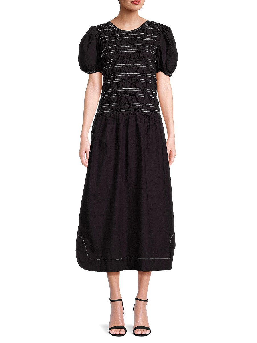 GANNI Women's Shirred Poplin Midi A Line Dress - Black - Size 40 (8) | Saks Fifth Avenue OFF 5TH