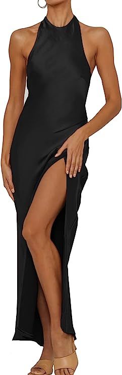 Backless Satin Silk Halter Tie Formal Dress for Wedding Guest Women Openback Side Ruched Drape Sa... | Amazon (US)