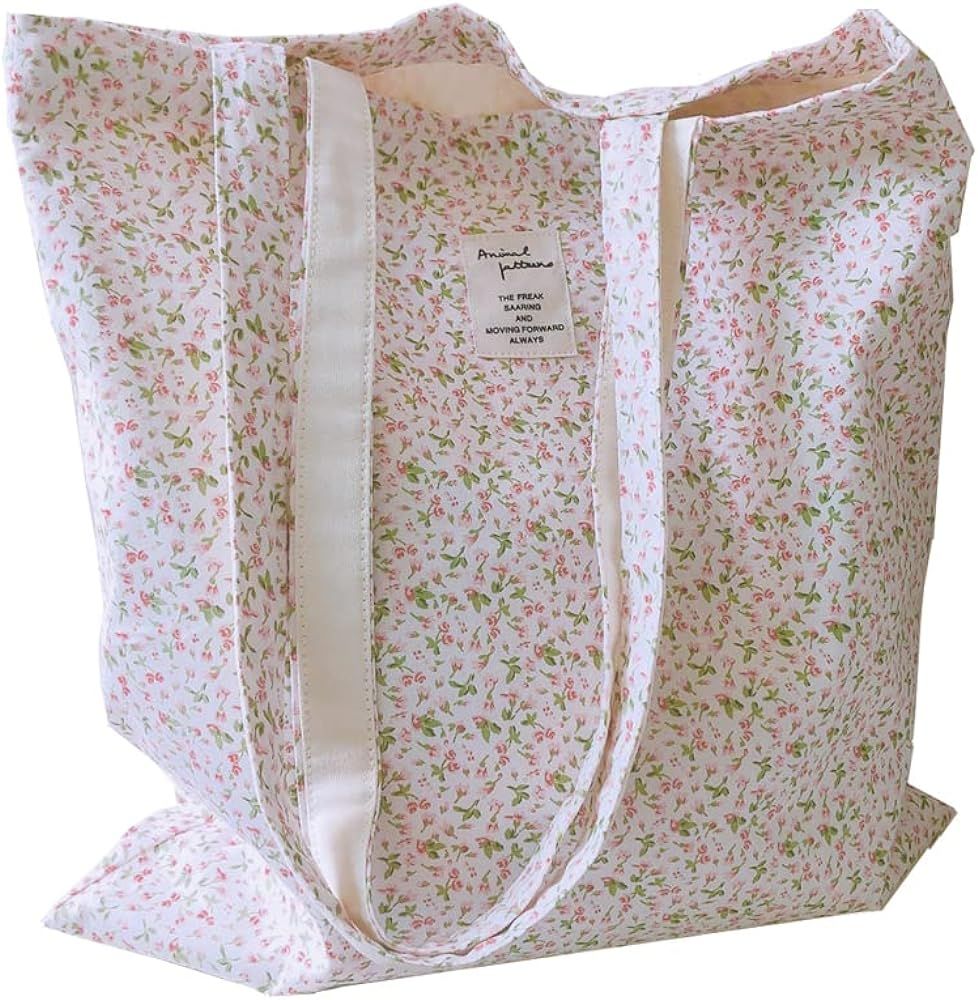 Cotton Canvas Tote Bag Reusable Soft Grocery Cloth Bag Floral Shoulder Bag for Beach Travel Shopp... | Amazon (US)