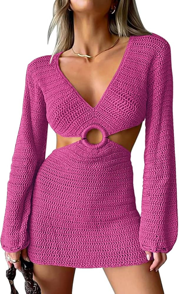 LILLUSORY Swim Cover Up for Women 2023 Summer Swimsuit Coverup Sexy Beach Crochet Dress | Amazon (US)