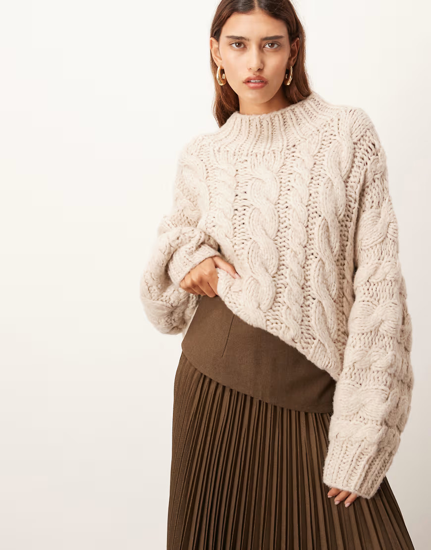 ARRANGE hand knit oversized chunky cable knit sweater in cream-White | ASOS (Global)