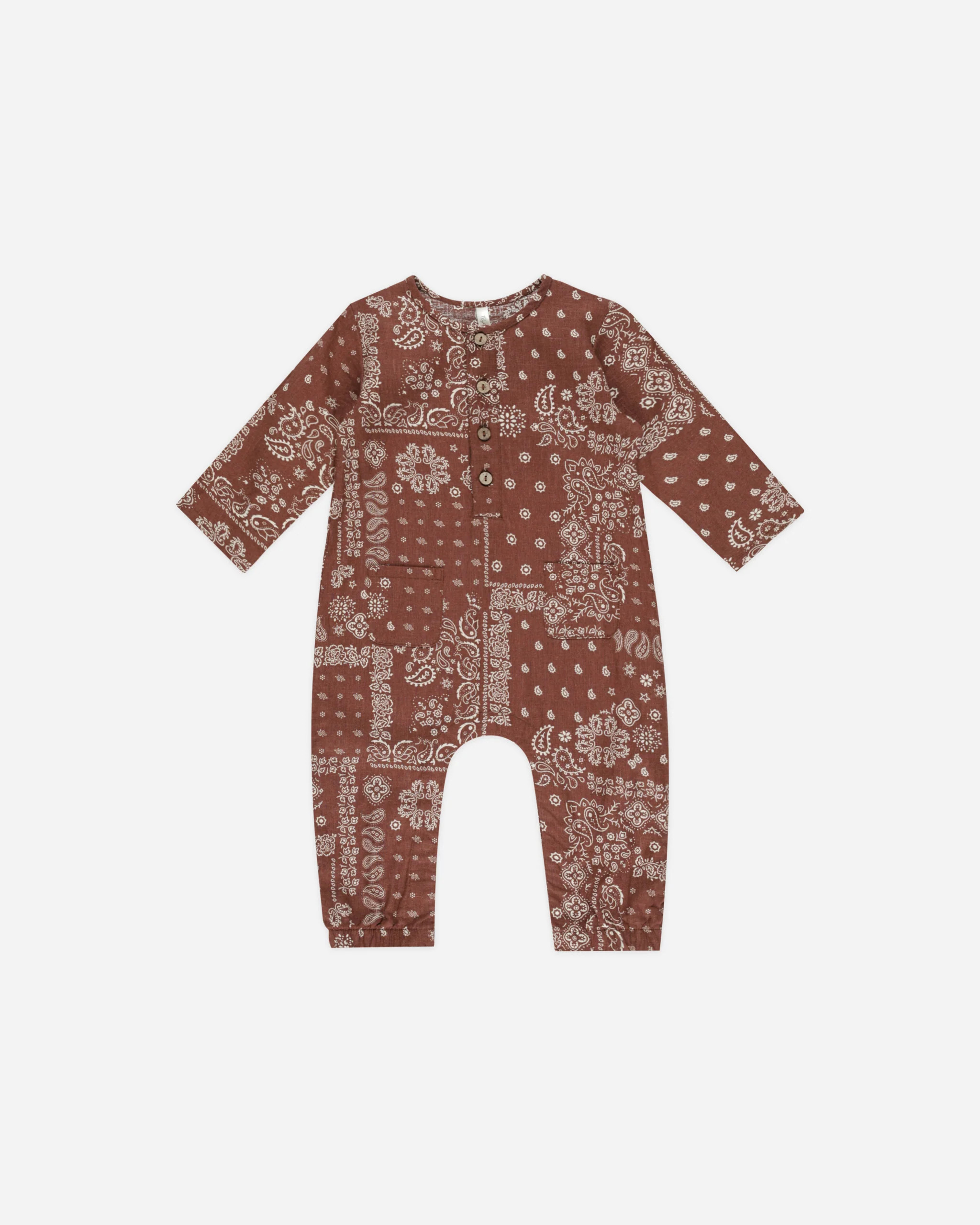 Long Sleeve Woven Jumpsuit || Brick Bandana | Rylee + Cru