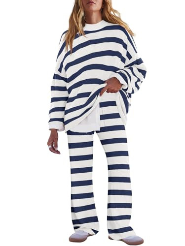 LAMISSCHE Oversized Womens Lounge Set Striped Sweater Set Long Sleeve 2 Piece Pajama Set Top and Pants with Pockets(White&Navy,S) | Amazon (US)
