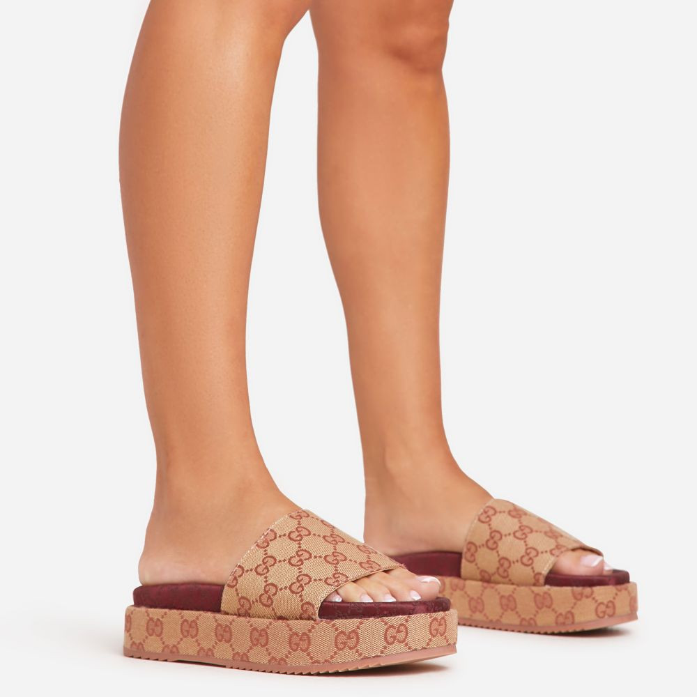 Manic Burgundy Printed Detail Peep Toe Flatform Slider In Beige Fabric | EGO Shoes (US & Canada)
