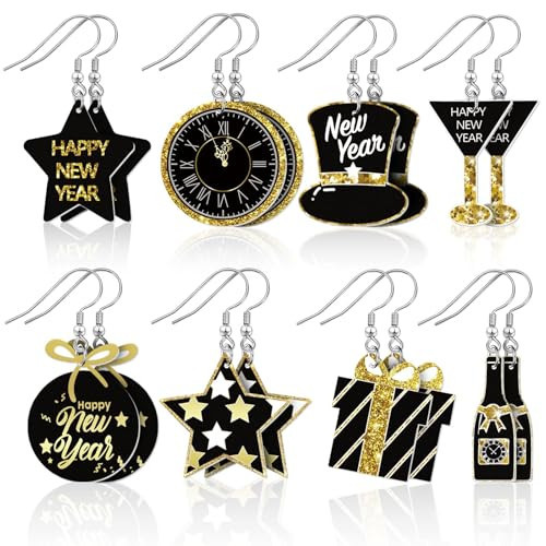AUGSUN 8 Pairs Happy New Year Earrings for Women New Year’s Eve Acrylic Earrings Double Side Design Star Champagne Bottle Clock Drop Dangle Earrings for Costume Party Earrings Holiday Festive Jewelry ﻿ | Amazon (US)