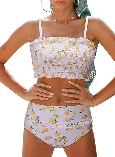 Dokotoo Women Cute High Waist Strapless Smocked Bikini Sets Swimsuit Bathing Suit | Amazon (US)