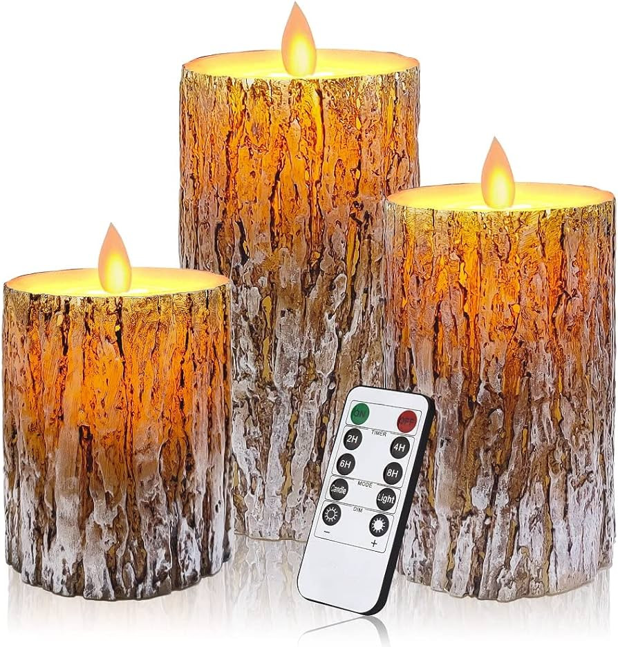 Pine Bark LED Flameless Pillar Candles Battery Operated with Flickering Warm Yellow Light Moving ... | Amazon (US)