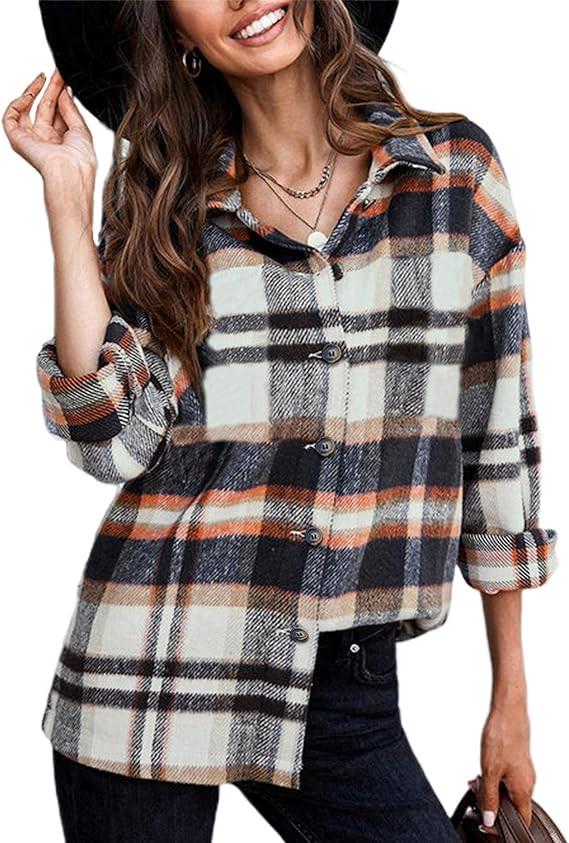 Yeokou Women's Fall Color Block Plaid Flannel Shacket Jacket Button Down Shirt Coat Tops | Amazon (US)