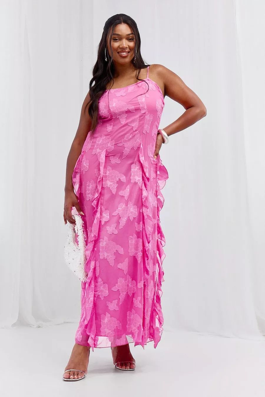 Plus Woven Jaquard Ruffle Detail Strappy Maxi Dress | Plus Size Summer Dress #LTKplussize | boohoo (US & Canada)