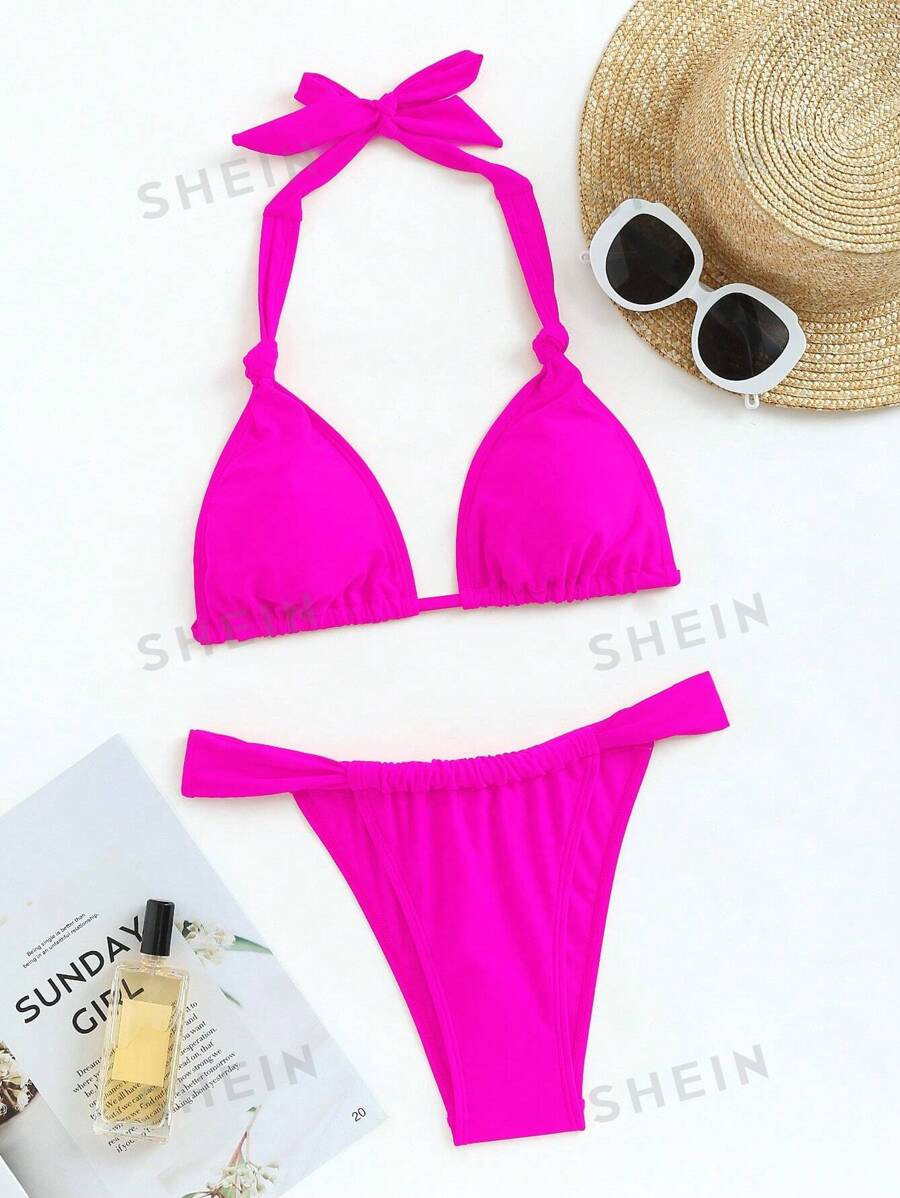 SHEIN Swim Ladies' Solid Color Halter Neck Bikini Set, Neon Two Pieces Bikini Set Swimwear Bathin... | SHEIN