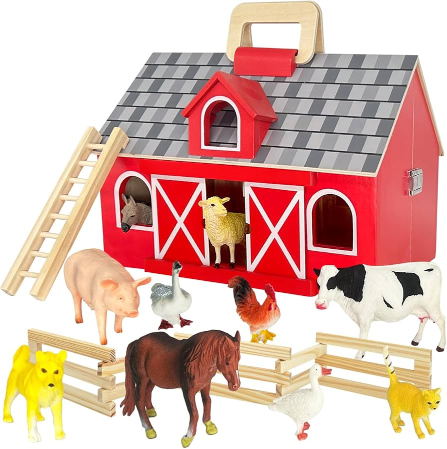 Farm Animal Toys with Portable Large Wooden Barn for Kids 3+ Years Old, 10 PCS Farm Animal Figurines for Boys, Girls, Animal Lovers, Ideal Gift for Kids Toddlers, Improve Fine Motor Skills | Amazon (US)