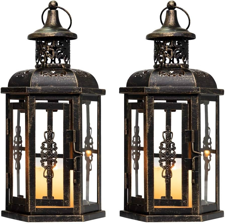 JHY DESIGN Set of 2 Decorative Lanterns -10 inch High Vintage Style Hanging Lantern Metal Candlehold | Amazon (US)
