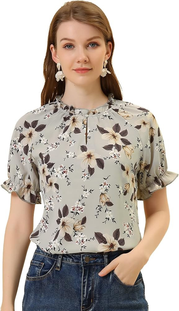 Allegra K Women's Ruffle Floral Top Mock Neck Short Sleeve 2024 Summer Casual Blouse | Amazon (US)