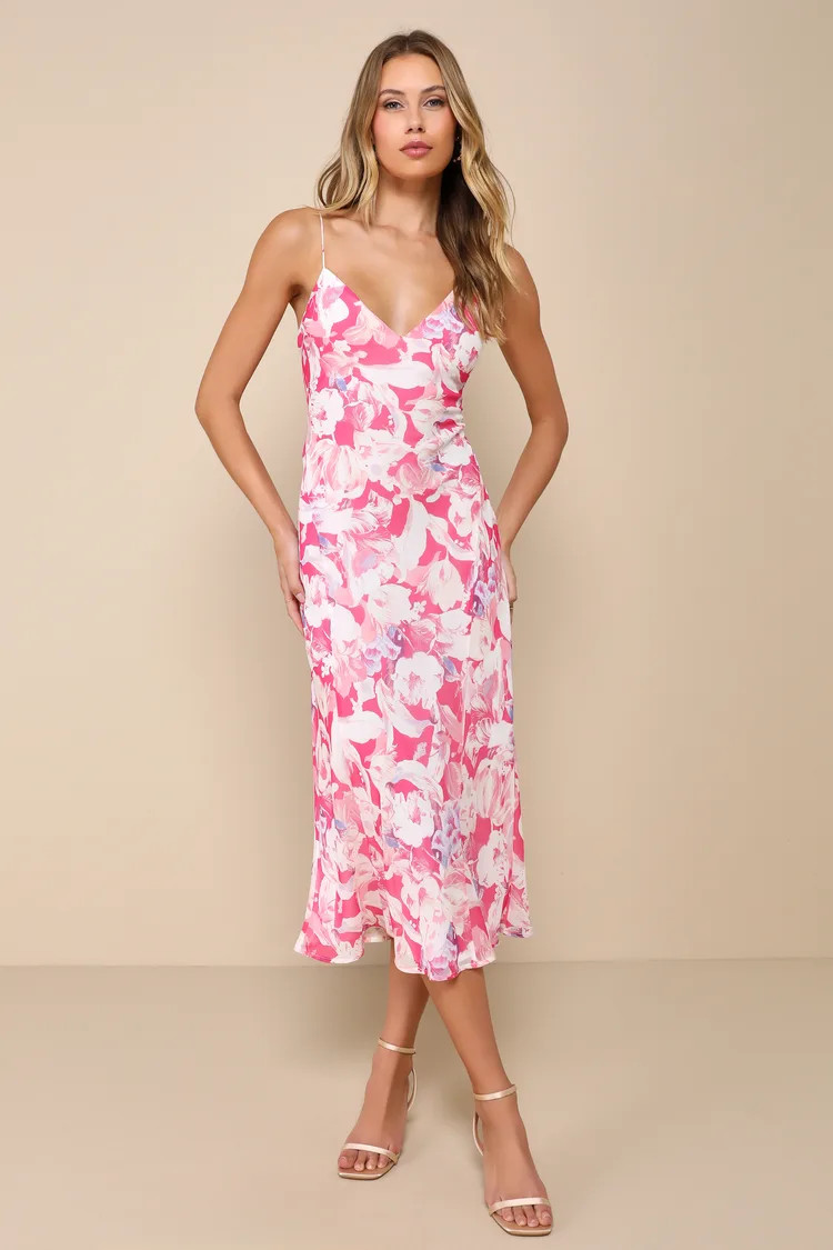 Radiant Confidence Hot Pink Floral Chiffon Lace-Up Midi Dress | Lulus