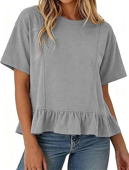Women Summer Short Sleeve T-Shirts Ruffled Peplum Hem Knit Tee Crew Neck Badydoll Pleated Tops | Amazon (US)
