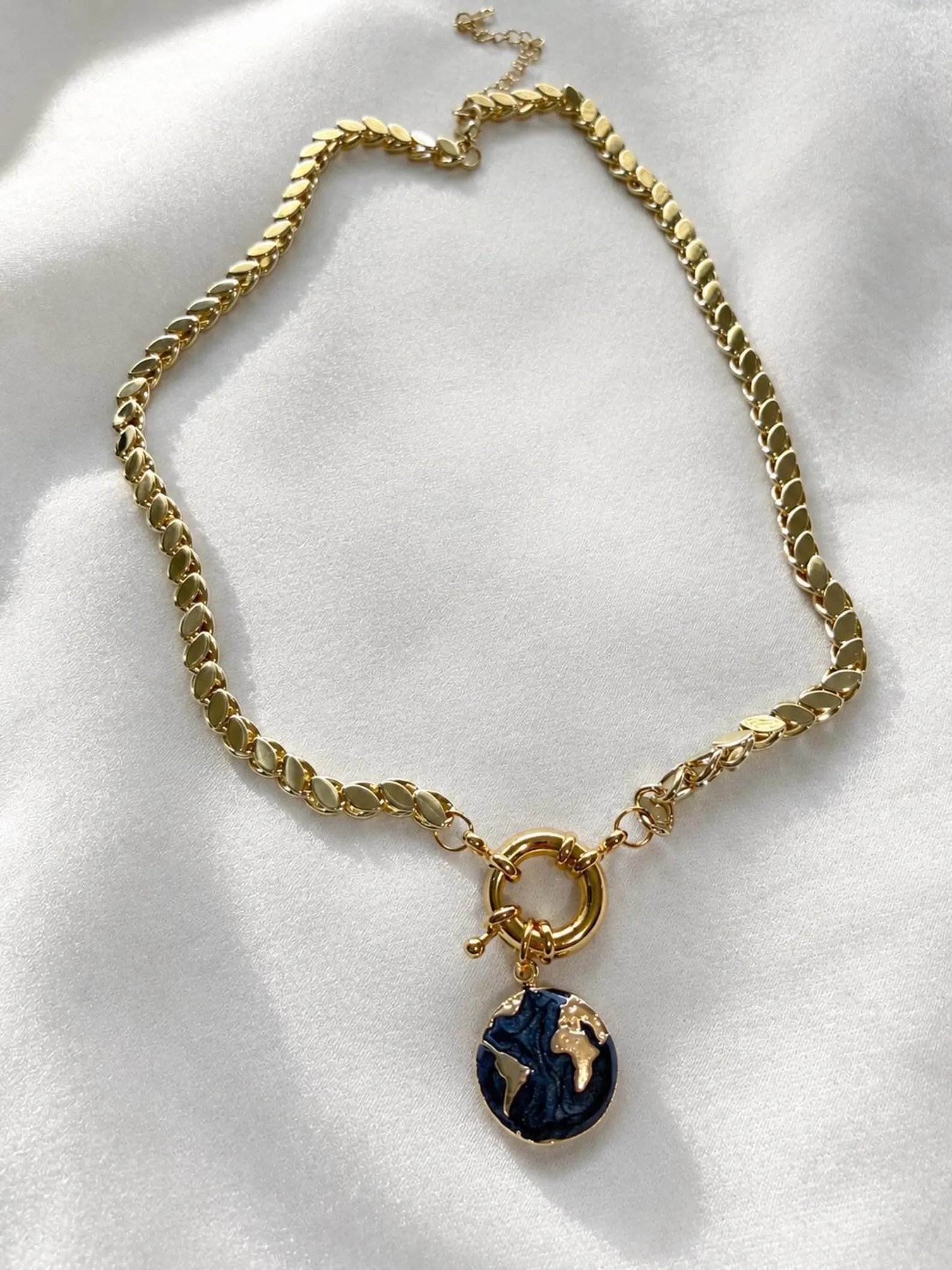Chunky Gold Necklace with Blue Pendant, Bold Flat Chain Necklace, Toggle Necklace, 14K Gold Plate... | Etsy (Global)