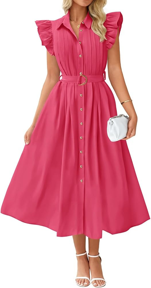 ZESICA Women's 2025 Summer Boho Button Midi Dresses Casual V Neck Flutter Sleeve Belted Long Dres... | Amazon (US)