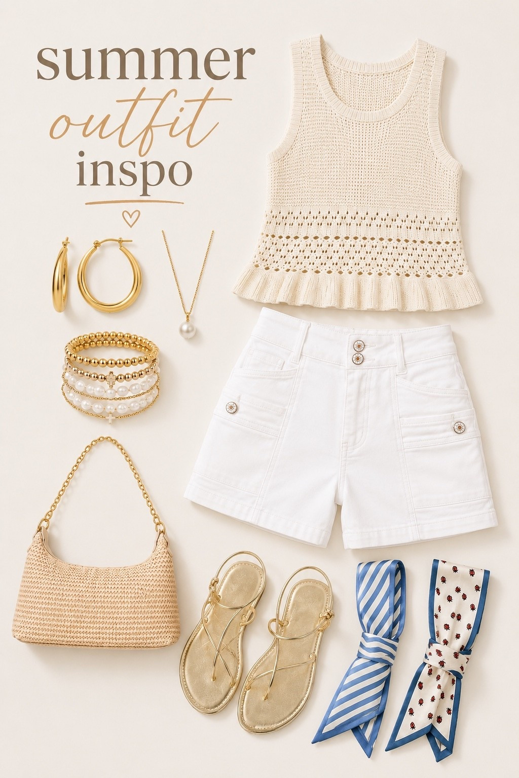 Neutral summer outfit with gold accessories is always a favorite 🤍 Loving this lightweight knit tank paired with crisp white shorts and simple gold details for an easy everyday summer look. The scarf options add such a cute extra touch whether you wear them in your hair, on your bag, or around a ponytail. Everything feels classic, light, and easy to mix and match all season long. ✨ #LTKStyle #LTKSeasonal #SummerOutfit #SummerStyle #NeutralStyle #VacationOutfit #AmazonFashion #CapsuleWardrobe #CasualStyle #EverydayStyle
