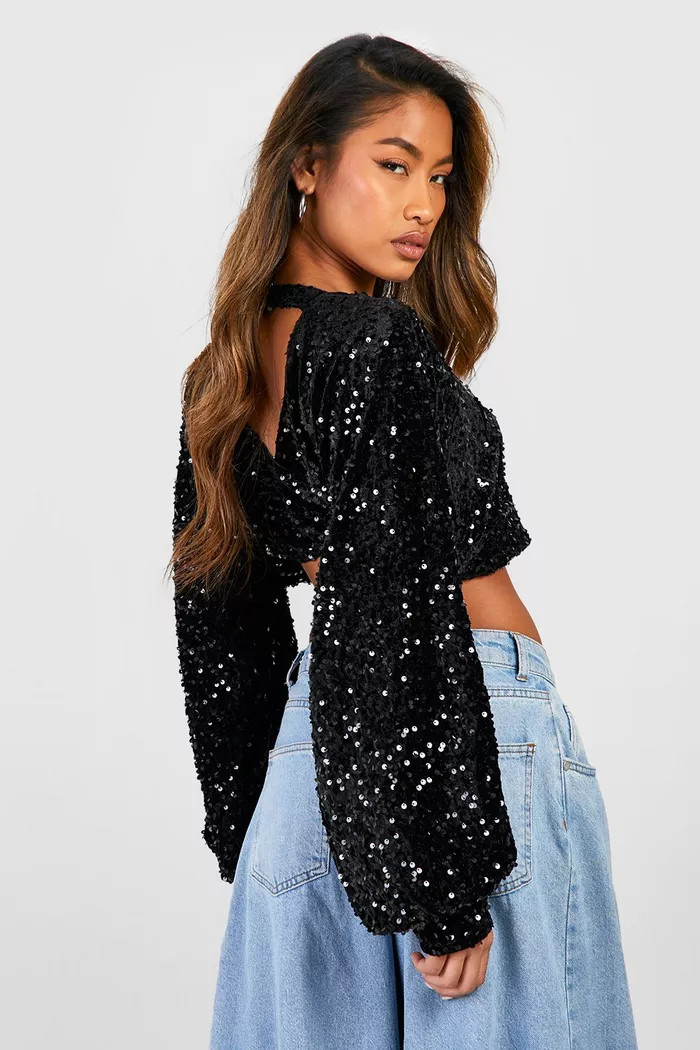 Balloon Sleeve Cut Out Back Sequin Top | boohoo (US & Canada)