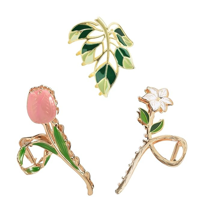 3-Piece Flower Metal Hair Accessories: Pink Tulip Floral Hair Claw, Elegant Lily Barrettes, Cute ... | Amazon (US)