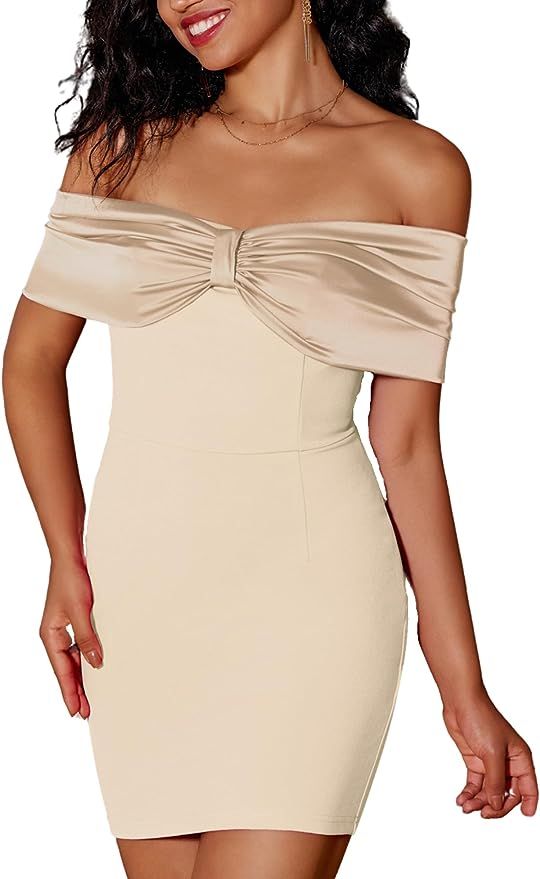 Kate Kasin Women's Off Shoulder Bodycon Mini Dress Strapless Satin Bow 2023 Sexy Club Party Cockt... | Amazon (US)