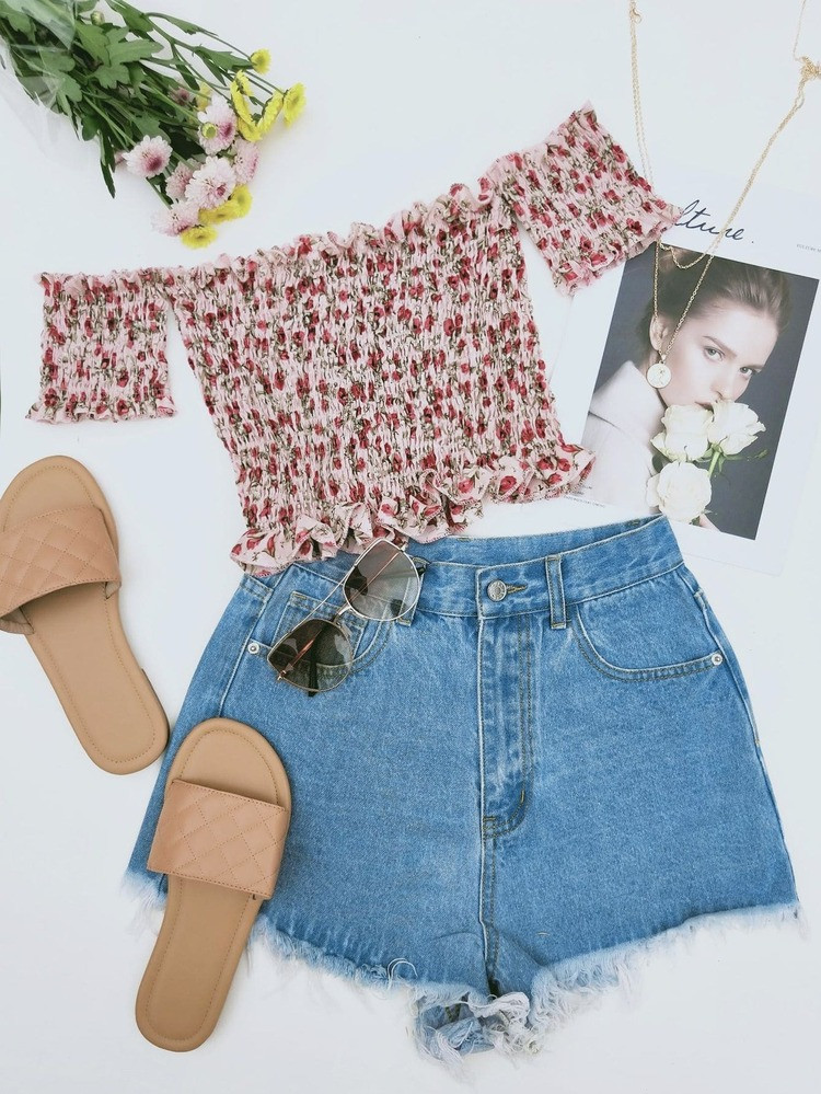 Ditsy Floral Frill Shirred Bardot Top | SHEIN