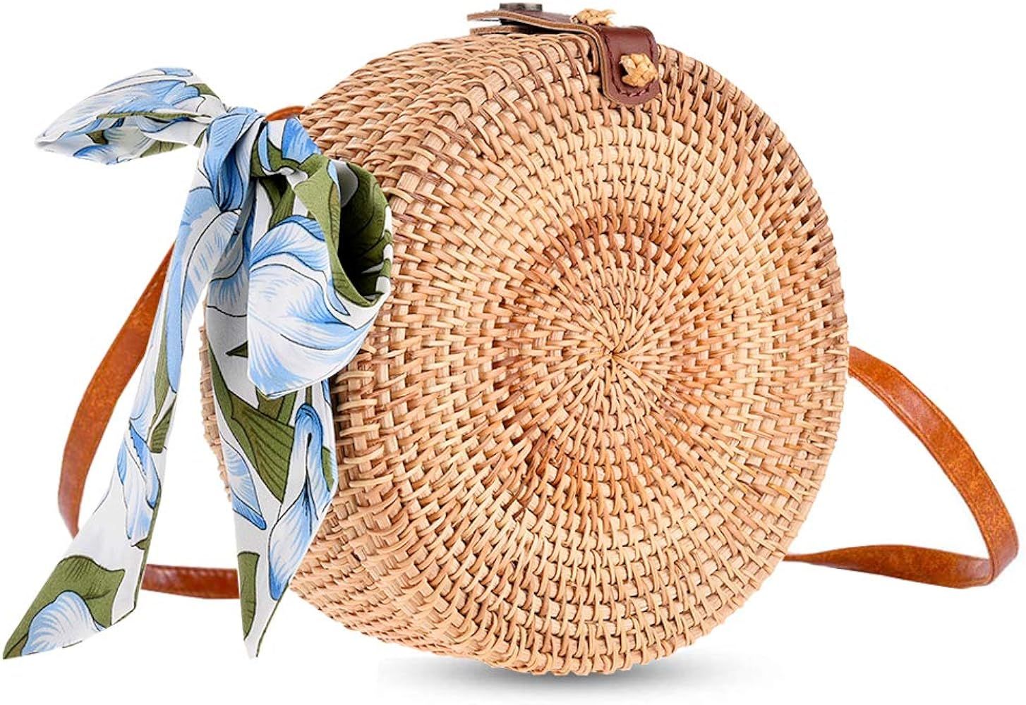 Rattan Bags for Women, Xmeng Straw Round Bali Ata Handbags Woven Circle Crossbody Wicker Purse Adjus | Amazon (US)