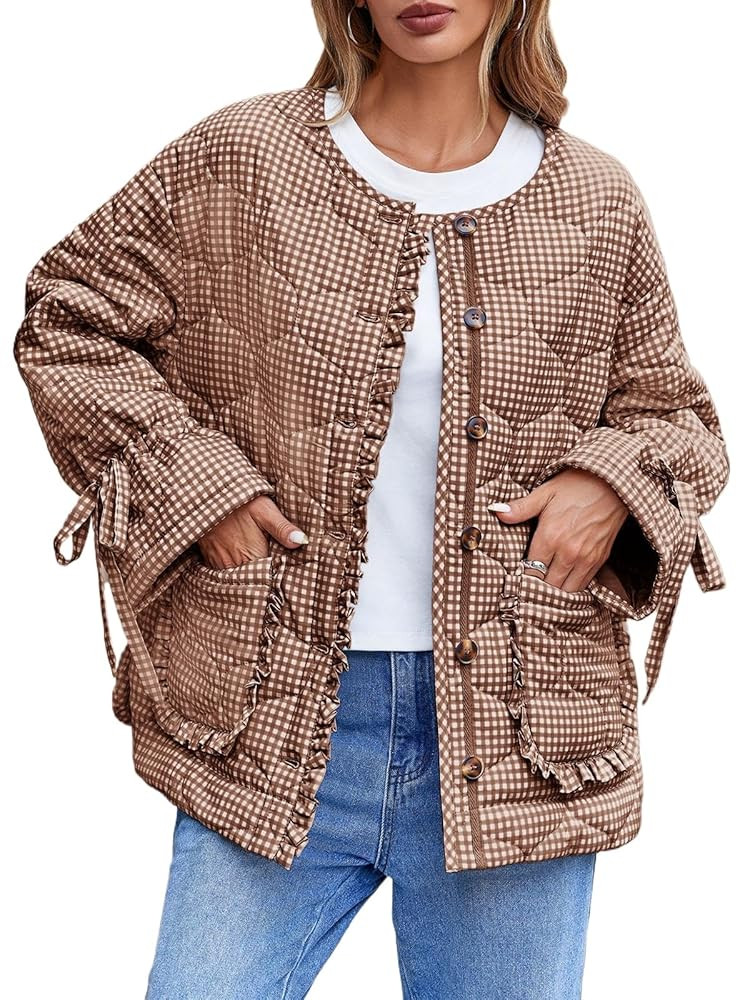 Tankaneo Womens Cropped Quilted Puffer Jackets Lightweight Plaid Button Down Bow Padded Down Coat | Amazon (US)