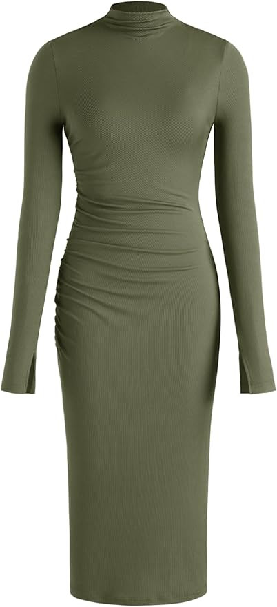 CIDER Long Sleeve Dress for Women High Neck Ribbed Knit Bodycon Ruched Midi Dress Cocktail Party ... | Amazon (US)
