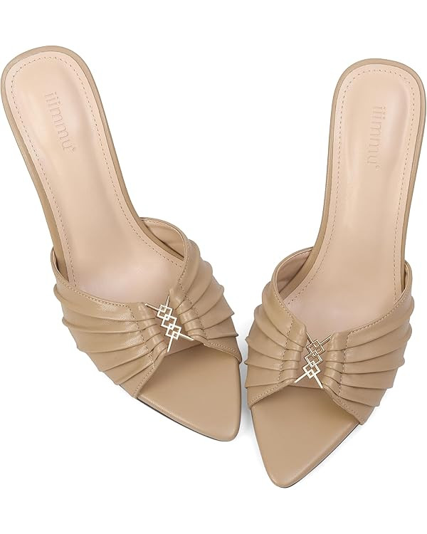 iiimmu 3.5 IN Stiletto Mules High Heels with Pointed Peep Toe Heeled Sandals Faux Leather | Amazon (US)