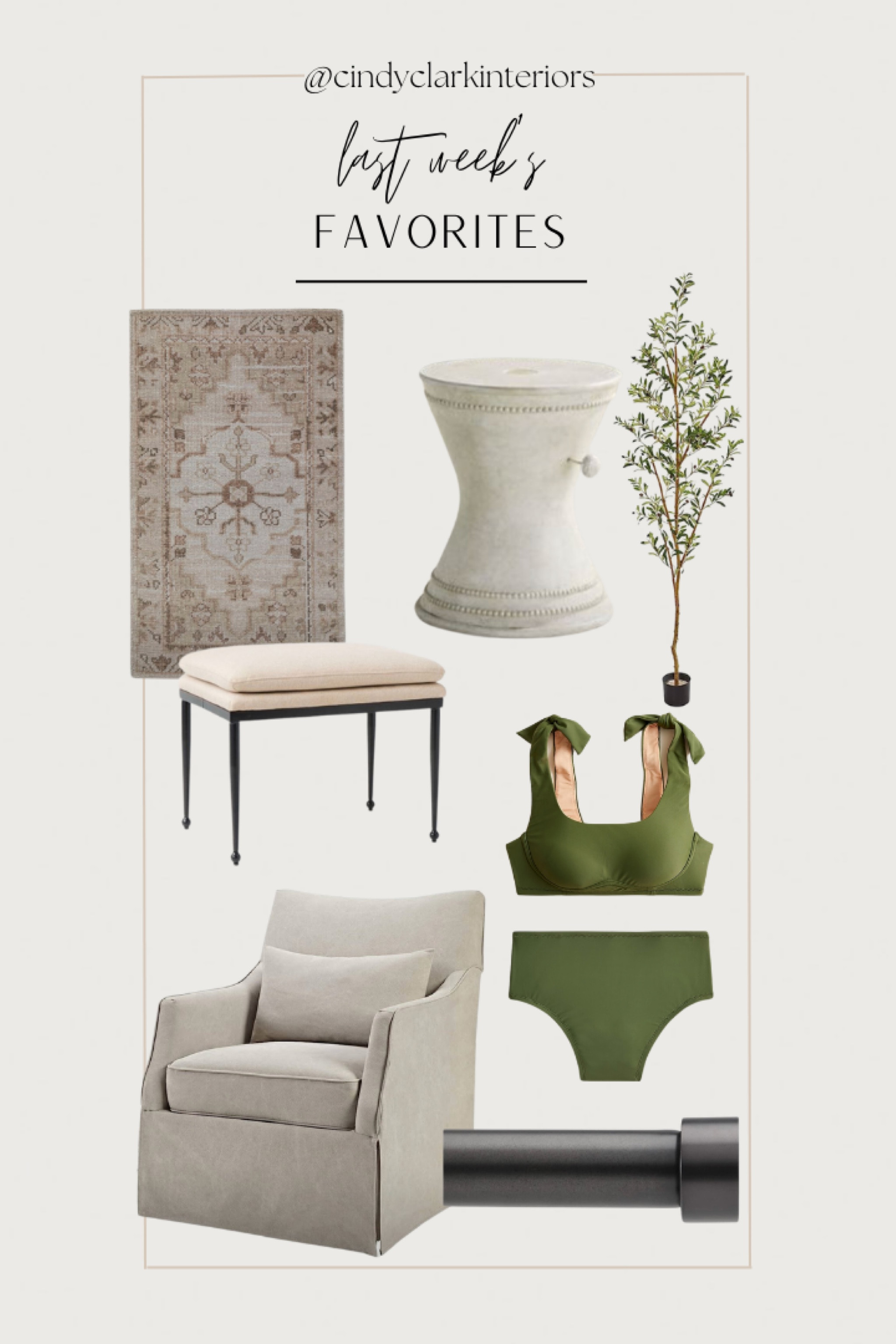 All of last week’s favorites in one place! Chosen by you! 

Swimsuit, armchair, ottoman, outdoor table, rug, faux olive tree