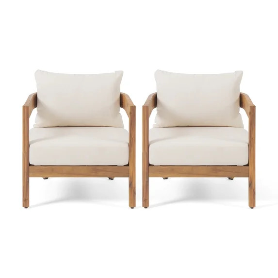 Deandre Outdoor Acacia Wood Club Chair with Cushions, Set of 2, Teak, Beige | Walmart (US)