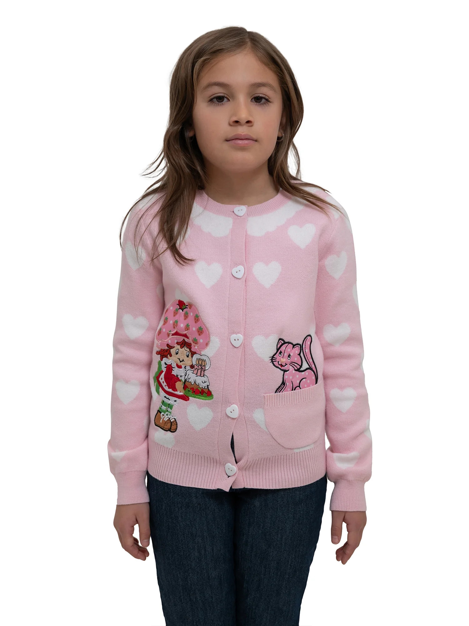 Strawberry Shortcake Girls' Button Front Crewneck Long Sleeve Cardigan with Front Pocket, Size XS... | Walmart (US)