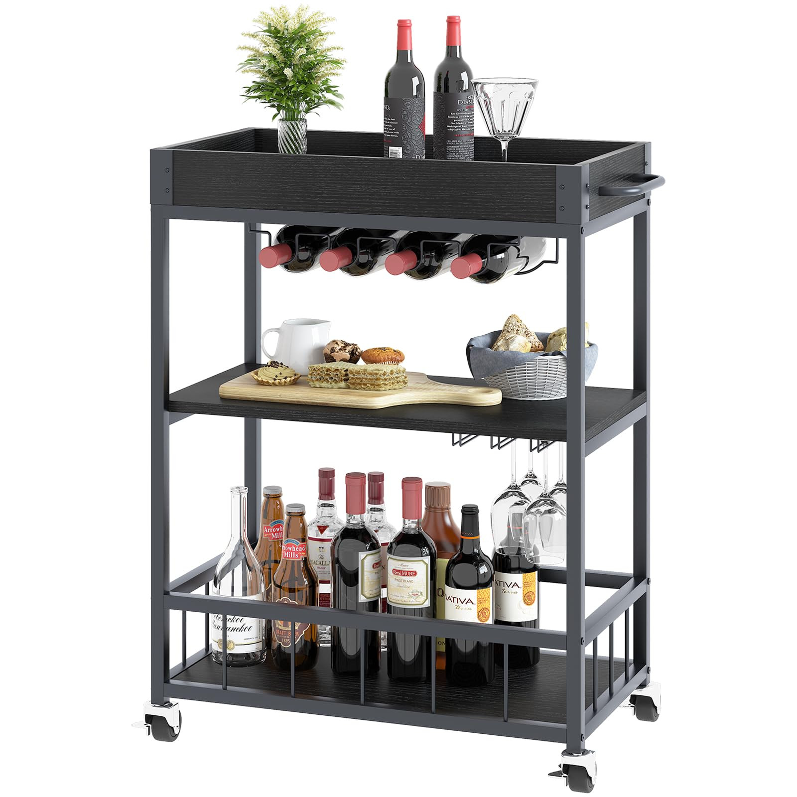 Bar Cart, 3 Tier Serving Trolley, Rolling Wine Trolley, Serving Cart with Wine Rack and Handle, K... | Amazon (UK)