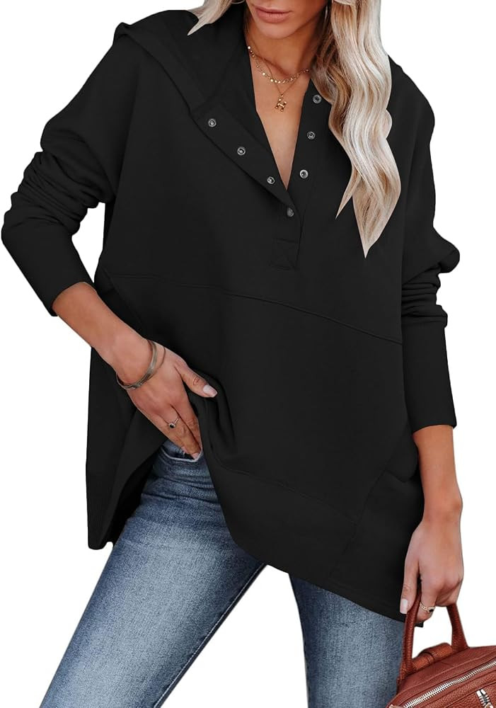 Women Causal Long Sleeve Hoodie Oversied Button Collar V Neck Sweatshirt Trendy Pullover Tops Wit... | Amazon (US)