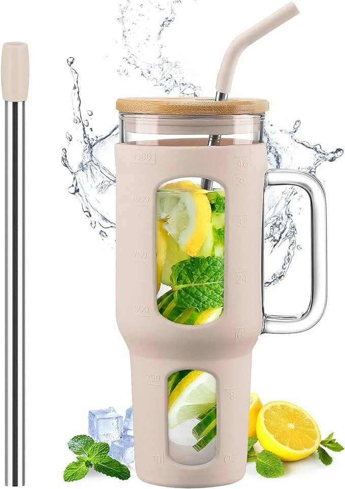 Glass Tumbler with Lid and Straw, 46 oz Iced Coffee Cup with Handle, Glass Water Bottles with Sil... | Amazon (US)