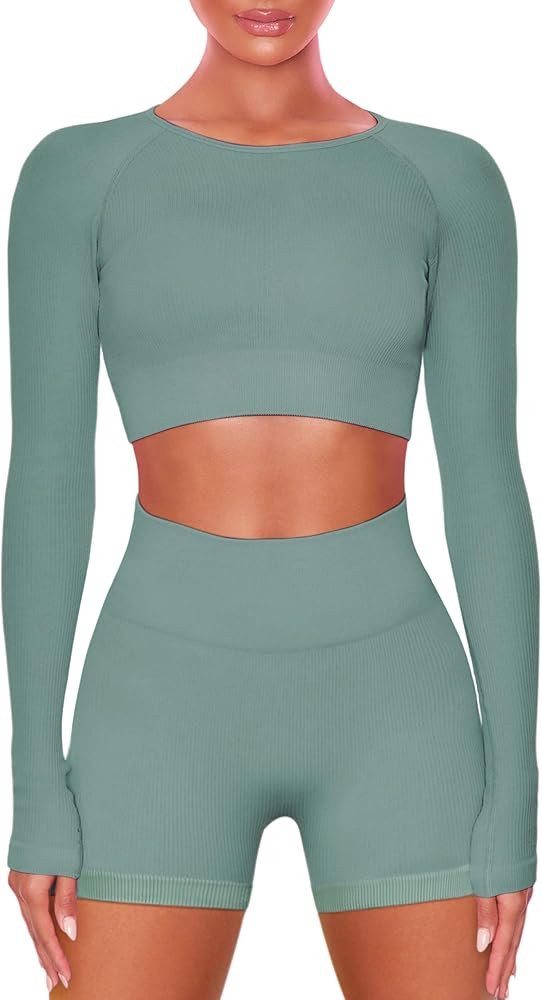 Buttergene Women Workout Sets 2 Pieces Long Sleeve Yoga Outfits Gym Clothes Seamless Ribbed Crop ... | Amazon (US)