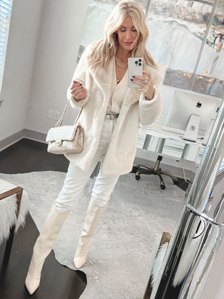 Sale alert - faux fur coat and ivory cardigan are both 50% off!! They run tts, I’m wearing an XS in the coat and cardigan. 

#LTKunder100 #LTKstyletip #LTKCyberweek