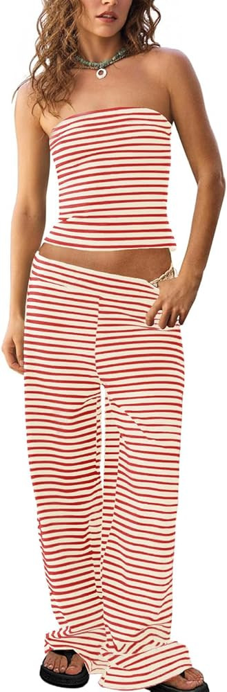 Tankaneo Womens Striped 2 Piece Sets Summer Strapless Crop Tube Tops Wide Leg Pants Matching Loun... | Amazon (US)