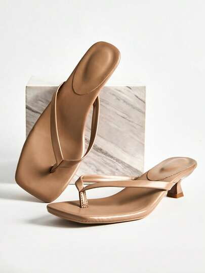 Soft Leather Square Toe Wide Strap Sandals, Kitten Heel Flip Flops, Versatile Thin Heel Thong San... | SHEIN