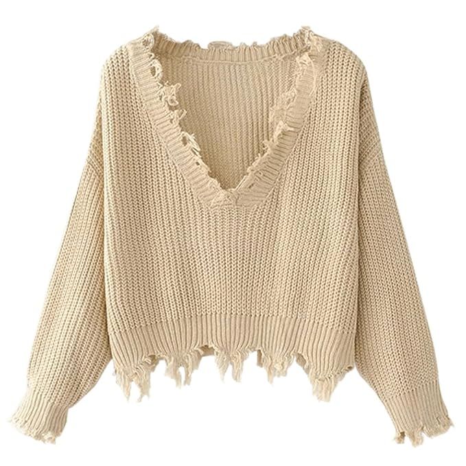 ZAFUL Women's Loose Long Sleeve V-Neck Ripped Pullover Knit Sweater Crop Top | Amazon (US)