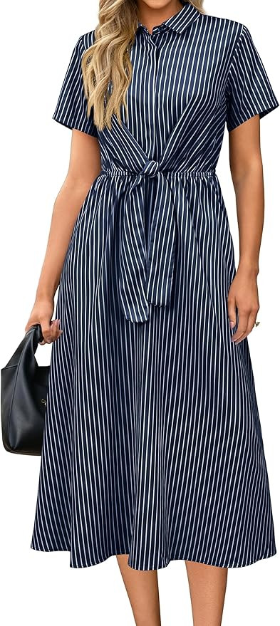 Newshows Womens Wear to Work Teacher Business Casual Outfits Long Dresses Tie Waist Shirt Dress A... | Amazon (US)