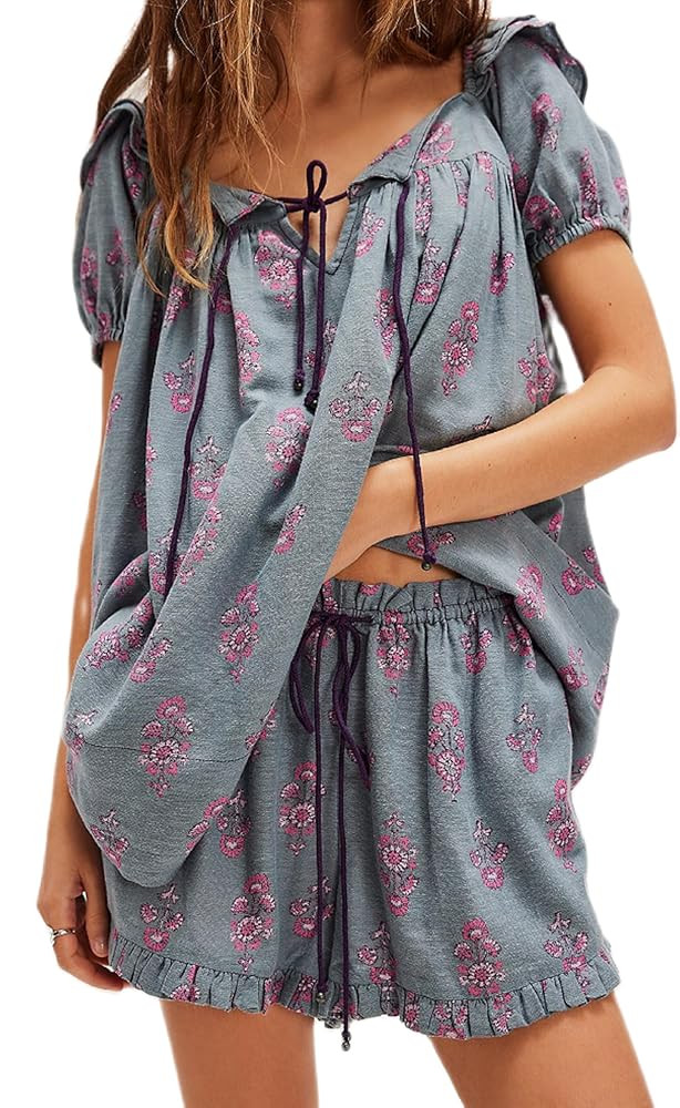 NUFIWI Women Floral Babydoll Tops 2 Piece Lounge Sets Square Neck Puffy Short Sleeves Peplum Shir... | Amazon (US)